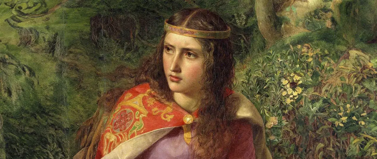 Portrait d'Aliénor d'Aquitaine portant un diadème et une cape ornée, entourée d'un paysage verdoyant.